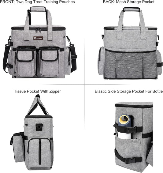 Airline Approved Dog Travel Bag with 2 Dog Treat Training Pouches, Tote Organizer for Weekend Pet Travel Supplies & Accessories, 2 Collapsible Bowls, 2 Food Container (Grey)