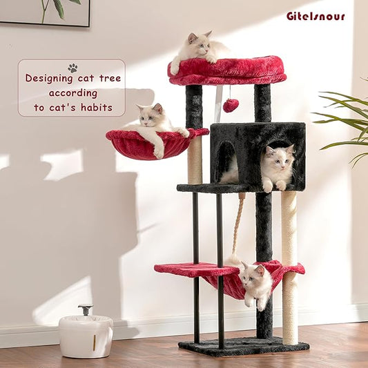 Cat Tree, Cat Tower for Indoor Cats, 43.3 inch Gothic Cat Tree Tower with Sturdy Steel Tube, Hammock, Cat Condo for Small Cats and Kittens, Scratching Post, Black and red GCT004SBR