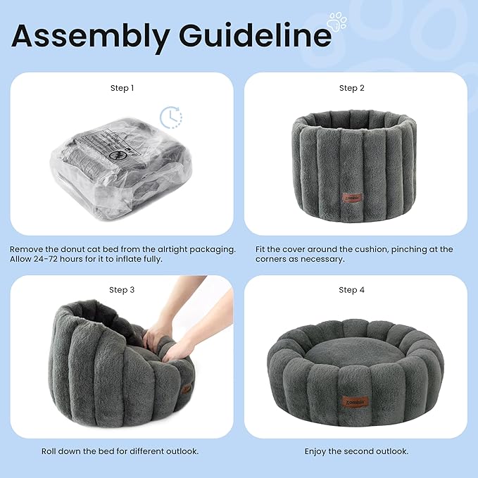 Cute Cat Beds for Indoor Cats, Striped Small Donut Dog Bed for Puppy and Kitten, Anti-Slip Bottom, Grey