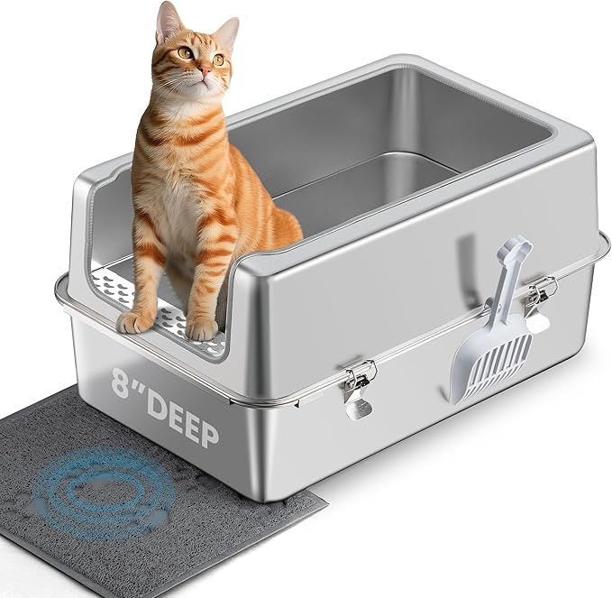 Stainless Steel Litter Box with Metal Lid and Scoop - Enclosed Metal Litter Box for Large Cats, Rust-Resistant, Odor-Control, Easy to Clean, Durable & Long-Lasting with Round Edge (XXL)