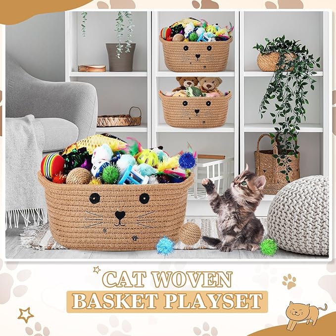 Zopeal 58 Pcs Cat Storage Basket Gift Toys Set, Colorful Flashing Balls Pet Bell Crinkle Balls Spring Toys Attract Cat to Swat, Bite, Hunt, Interactive for Pet(Khaki,9.8 Inch)