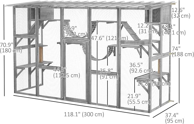 PawHut Catio Outdoor Cat Enclosure Window, Outdoor Cat House with Weather Protection Roof for Multiple Kitties, Wooden Frame, Shelves & Bridges, 118" x 37.5" x 74", Gray