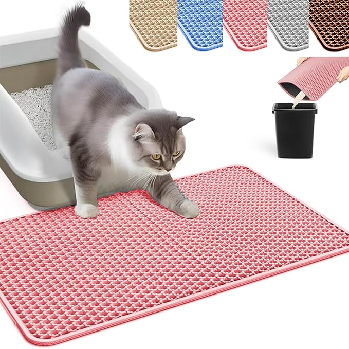HCY&WLD Cat Litter Mat, Honeycomb Double Layer Cat Litter Trapping Mat, Waterproof Urine Proof Non-Slip, Scatter Control, Less Waste, Easier to Clean (Pink, 30" X 22")