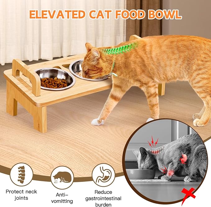Elevated Cat Food Bowl, 3 Stainless Steel Raised Cat Bowls with Stand, 15°Tilted Cat Bowl for Small Dog, Cat Food and Water Bowl Set, Anti Vomitting, Whisker Fatigue and Dishwasher Safe - Natural