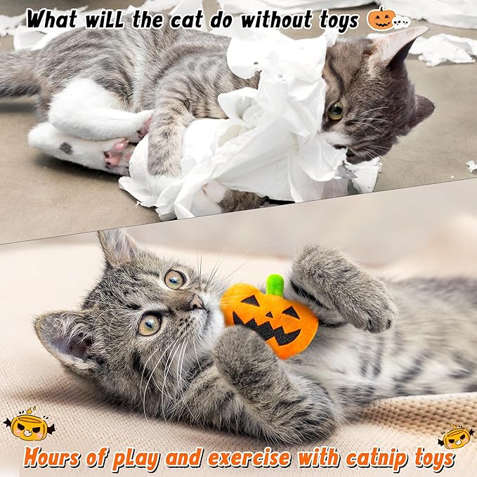 MALLMALL6 Catnip Toys for Cat - 5Pcs Halloween Pumpkin Jack O Lantern Catmint Interactive Kitten Toy for Indoor Kitty, Soft Orange Kitten Teething Chew Supplies Set, Pet Gifts for Cat Lover