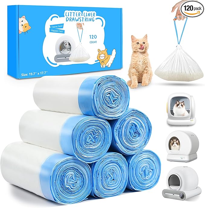 120 Count Self Cleaning Cat Litter Box Liners Bag Fit For MeoWant MW-SC01,MW-SC02, Drawstring Heavy Duty Litter Receptacles Bags Compatible with Automatic Cat Litter Box- 17.7" x 19.7"