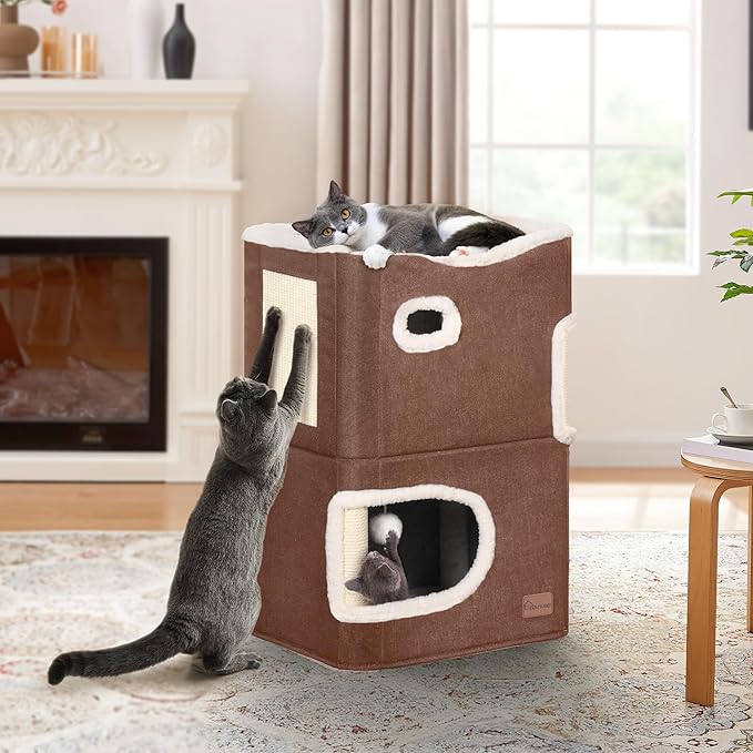 YITAHOME 2-Tier Cat House, Cat Beds for Indoor Cats, Small Cat Condo with Scratch Post and Hideaway Cave, Modern Cat Cube Playhouse for Multi Kittens, Brown