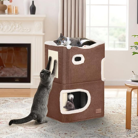 YITAHOME 2-Tier Cat House, Cat Beds for Indoor Cats, Small Cat Condo with Scratch Post and Hideaway Cave, Modern Cat Cube Playhouse for Multi Kittens, Brown