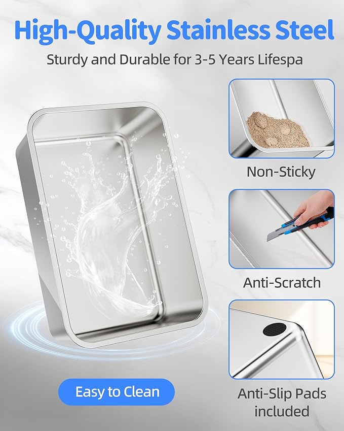 Stainless Steel Litter Box Set- [4-in-1] Cat Litter Box with Litter Scoop, Brush, Cat Wands, Non-Sticky Metal Litter Box for Cat, Kitty, Rabbit, Odorless, Easy Clean (17.7” x 13.8“ x 6”, 1 Pack)