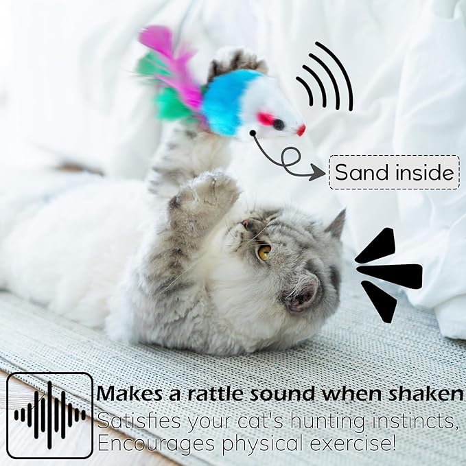 20 PCS Furry Cat Toys Squeak Mouse Rattle Mice Cat Catcher Pet Toys with Feather Tails (Random Color)