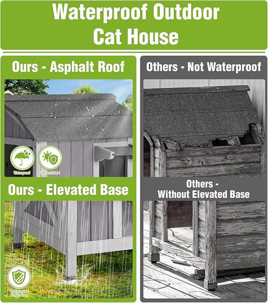 GUTINNEEN Outdoor Cat House Weatherproof, Feral Cat Shelter with Elevated Base, Large Acrylic Window, Movable Floor for Easy Clean