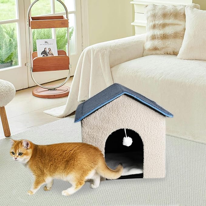 Foldable Cat House with Plush Hanging Ball - Cozy Cottage-Style Pet Bed, 18.9"x17.7"x17.3" Off-White | Slanted Roof & Arch Door for Indoor Kittens