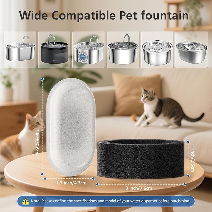 50 Pack Cat Water Fountain Filters for 108/3.2L& 67oz/2L Stainless Steel Pet Water Dispenser Cat/Dog Fountain Filter Replacement(25 Filters & 25 Sponges)