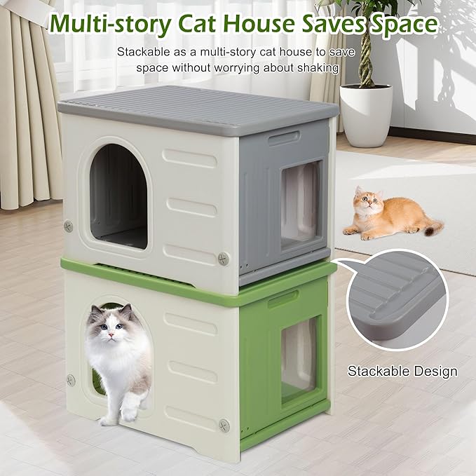 Deblue Plastic Cat House for Indoor & Outdoor, Waterproof Feral Cat House with Escape Door, Sturdy Pet Shelter for Cats, Puppy, Rabbit, Easy to Assemble and Clean-Grey
