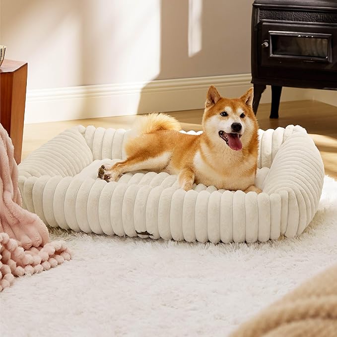 Bedsure Cute Dog Beds Large Sized Dog - Washable Furry Pet Beds, Rectangle Orthopedic Corduroy Fleece Puppy Beds with Removable Zipper Cover, 36x27x8inches, Cream