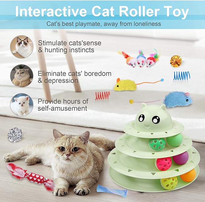UPSKY 24 PCS Cat Toys, 3-Level Turntable Kitten Toys Set, Interactive Cat Roller Toys for Indoor Cats, Catnip Toys, Cat Teaser Toys, Mice Toys, Spring Toys, Various Ball Toys for Kitty.
