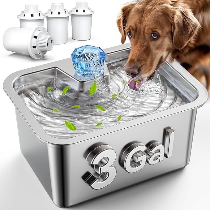 Large Dog Water Fountain Stainless Steel,3 Gallon Extra Big Pet Water Fountain for Large Dogs with 4 Filters,Automatic Dog Water Bowl Dispenser Drinking Fountains,Easy to Clean,Quiet Pump