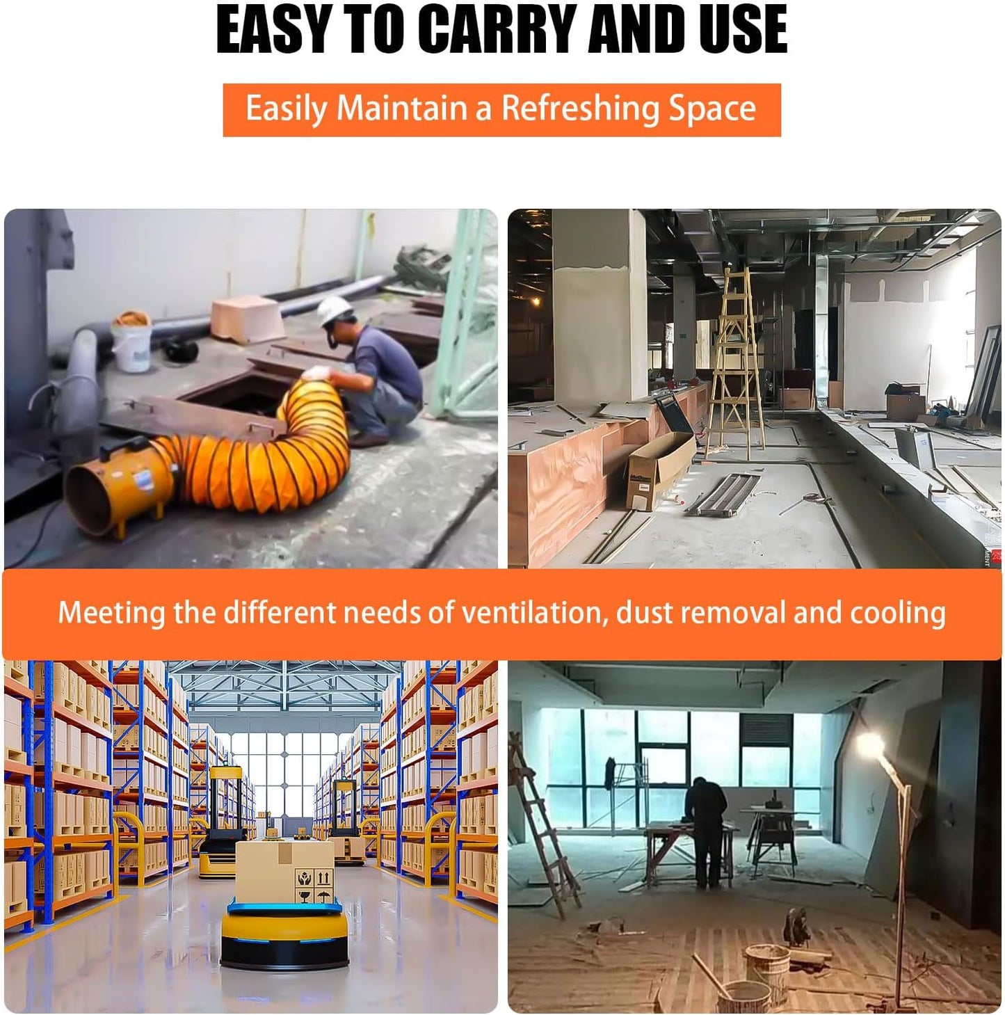 8-Inch High-Velocity Portable Utility Blower Fan, Industrial Exhaust Fan with 16.4ft Flexible Duct Hose, 3150 RPM Low-Noise Ventilator for Basements, Workshops, Warehouses, and Confined Spaces