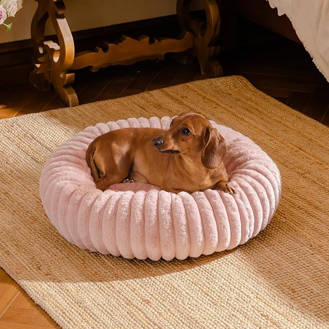 MEWOOFUN Donut Dog Beds for Small Dog, Calming Bed Round Cute Puppy Bed with Non-Slip Bottom, Fluffy Washable Pet Bed for Puppy and Kitten (Pink, S (25x25x7))