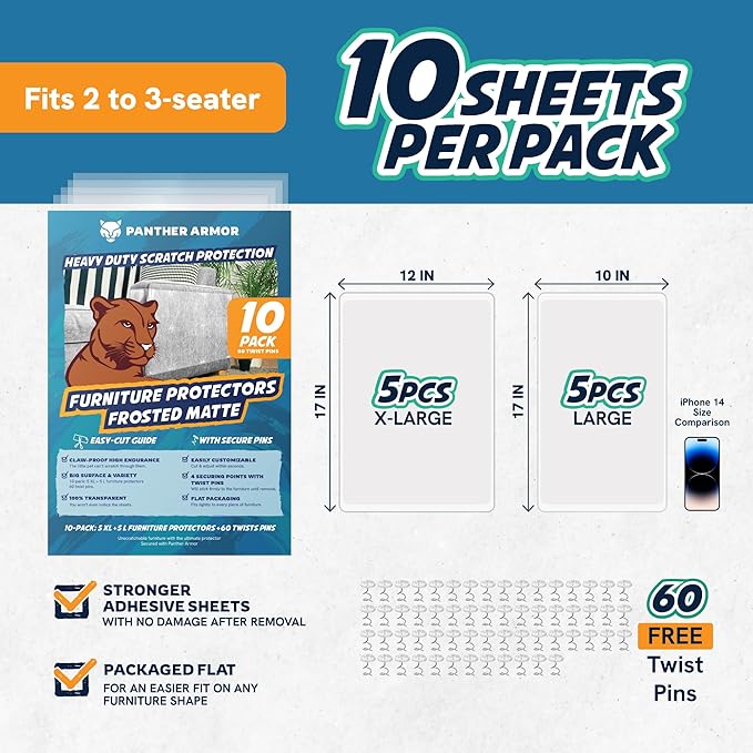 Panther Armor Cat Scratch Furniture Protectors in Frosted Matte, 10-Packs of Flat Sheets to Protect Sofa from Cats & Dogs Scratching, Heavy Duty Couch Covers for Pets, Couch Guards