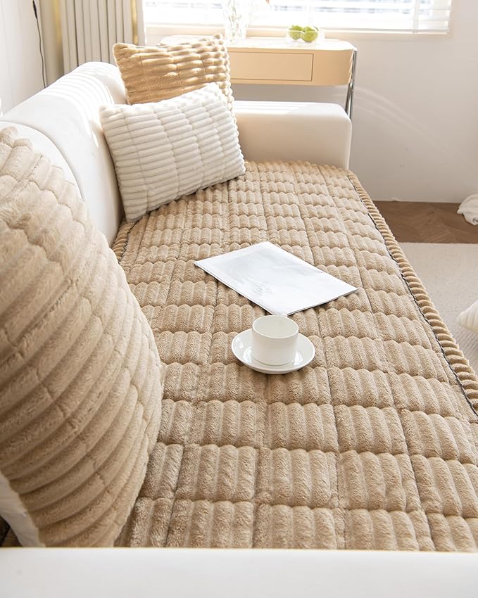 Faux Fur Plush Dog Couch Cover 3D Stripe Fuzzy Sofa Cover Non-Slip Fluffy Dog Bed Cover Pet Blanket Sofa Couch Furniture Protector for Puppy Large Dog Cat (Coffee,31"x31")