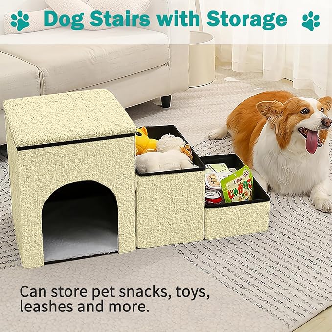 Fhiny Dog Stairs with Storage, 3-Steps Foldable Pet Stairs for Small Dogs Non-Slip Puppy Steps with Condo for High Bed & Couch Dog Ramp for Old Dogs and Cats, Holding up to 160 lbs Pets (Khaki)