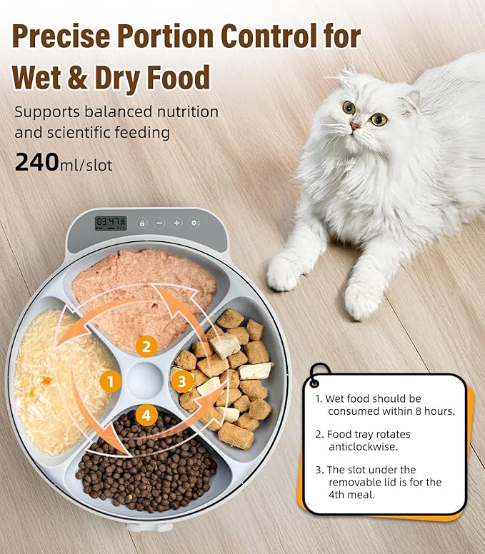 Casfuy Battery-Operated Automatic Cat Feeder - Whisker Friendly Automatic Cat Food Dispenser for Wet Dry Food Cordless 4-Meal Auto Feeder for Cats Small Dogs with Programmable 12H/24H Format Timer
