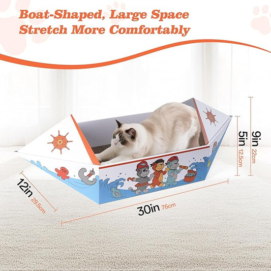 Cat Scratcher Boat with 5 Pack Cardboard Scratch Pad, 30" Extra Long Cat Scratch Box for Indoor Cats, Heavy Duty and Double-Sided Scratching Board