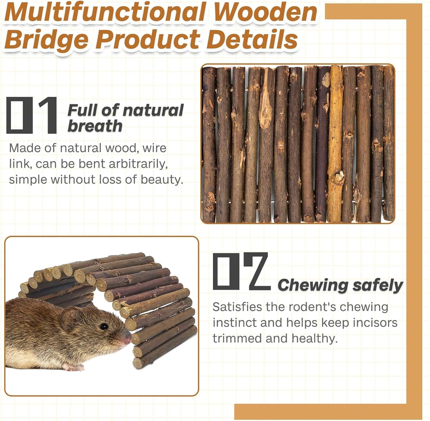 PINVNBY 2 PCS Hamster Toys, Wooden Hamster Ladder Bridge Tunnel Hide, Guinea Pigs Cage Accessories for Chinchillas Guinea Pigs Mouse Rat Ferre, Rodents Natural Hideout for Small Animals