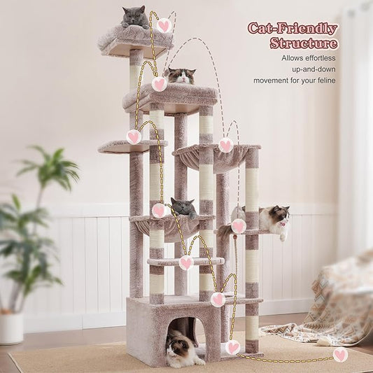 Heybly Heavy Duty Cat Tree, 71-Inch Tall Tower for Large Maine Coon with Extra-Large Baseboard, Cat Condo Furniture with Multi-Level Platforms, 2 Hammocks and 12 Scratching Posts, Muchroom HCT037MU