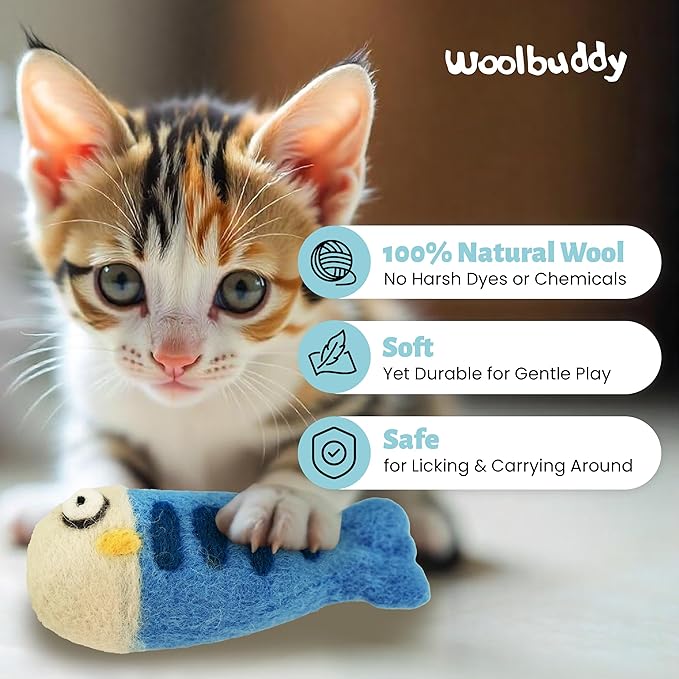 Woolbuddy 𝗡𝗲𝗲𝗱𝗹𝗲 𝗙𝗲𝗹𝘁𝗶𝗻𝗴 𝗞𝗶𝘁 𝗳𝗼𝗿 𝗕𝗲𝗴𝗶𝗻𝗻𝗲𝗿𝘀 DIY Cat Toys Set (3-Pack) – Handmade Felted Fish, Wool Felting Kit for Cats, Soft Enrichment Toys, No Catnip