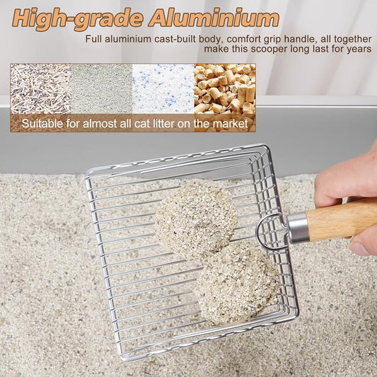 Metal Cat Litter Scoop with Holder, Poop Scooper with Stand&2 Rolls of Garbage Bag, Heavy Duty Stainless Steel Shovel with Wooden, Kitty Quick Sifter for Easy Cleaning, Essential Item for Cat