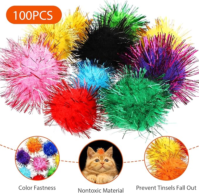 100Pcs Color Flash Cat Toy Balls, Craft Cat Toy Balls with Tinsel, Soft Fluffy Puff Ball for Crafts, Sparkle Glitter Cotton Ball for Kittens Exercise