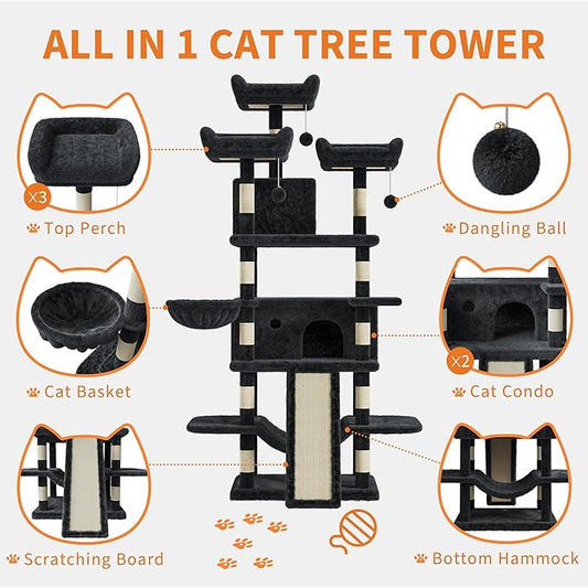68.5 Inch Multi-Level Cat Tree, Plush Cat Tower with Condo/Sisal Scratching Posts/Hammocks/Basket/Dangling Ball/Platform, Heavy Duty Cats Tree to Play and Sleep,2601#Dark Grey