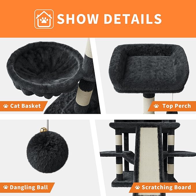 68.5 Inch Multi-Level Cat Tree, Plush Cat Tower with Condo/Sisal Scratching Posts/Hammocks/Basket/Dangling Ball/Platform, Heavy Duty Cats Tree to Play and Sleep,2601#Dark Grey