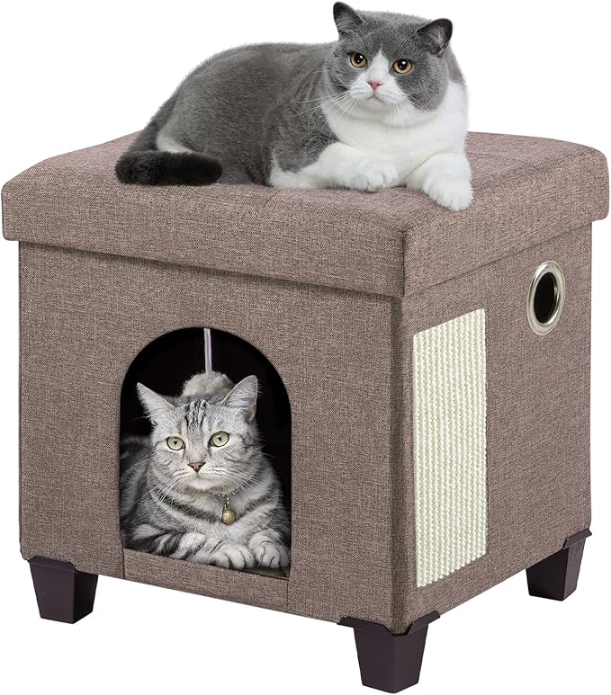 BRIAN & DANY Foldable Cat House for Indoor Cats, Large Cat Cube for Pet Cave with Scratch Board & Ball, 14.7" x 14.1” x 12.7”, Brown