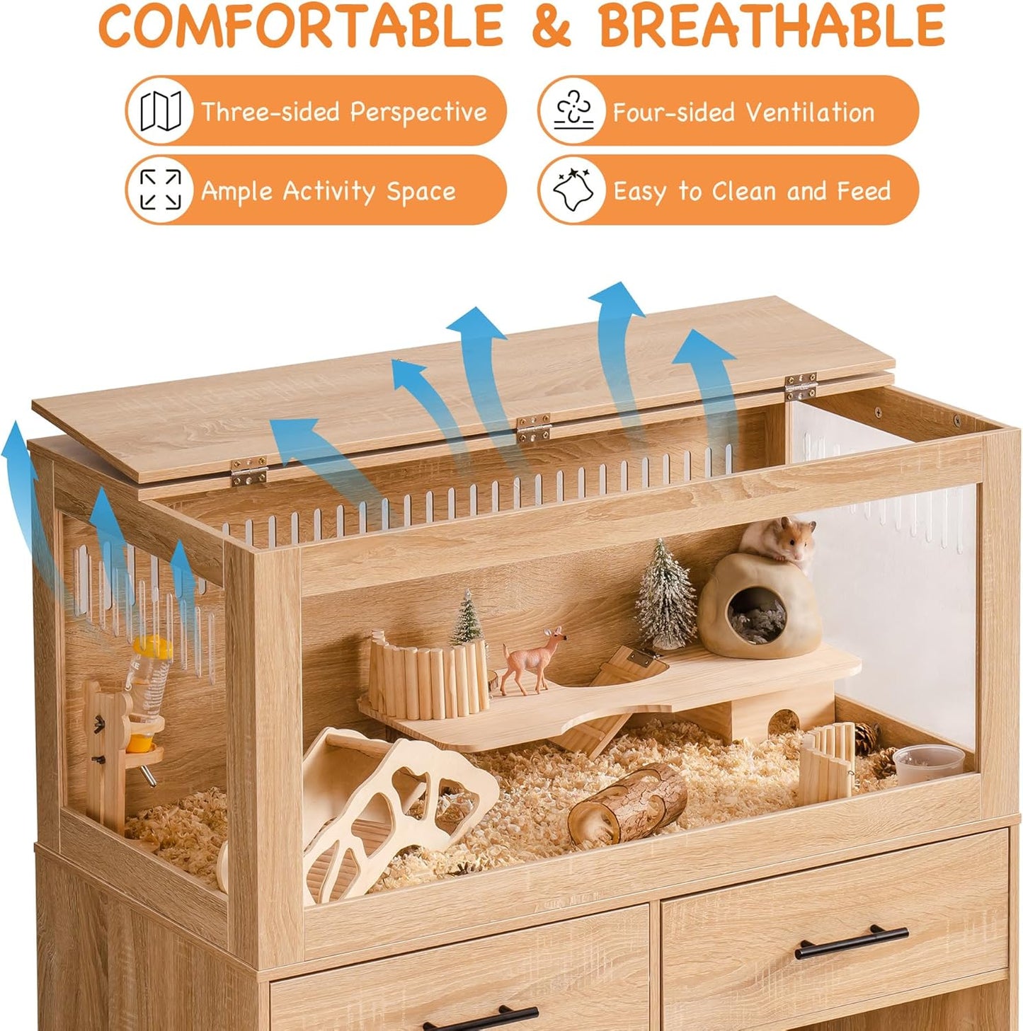 MEWOOFUN Large Hamster Cage, Hamster Cage and Habitats with Drawers and Storage Cabinet, Openable Top, Three-Sided Visibility and Four-Sided Ventilation, 39.4" L x 19.7" W x 41.7" H