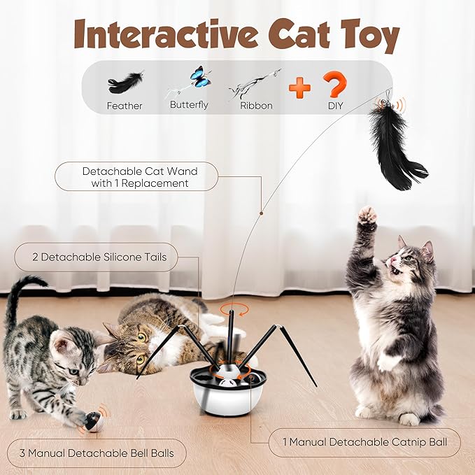 Cat Toys for Indoor Cats - Automatic Cat Dancer & Interactive Cat Toy Kit with Feather, Butterfly, Ribbon & Catnip Wand - Enrichment USB Rechargeable (Black)