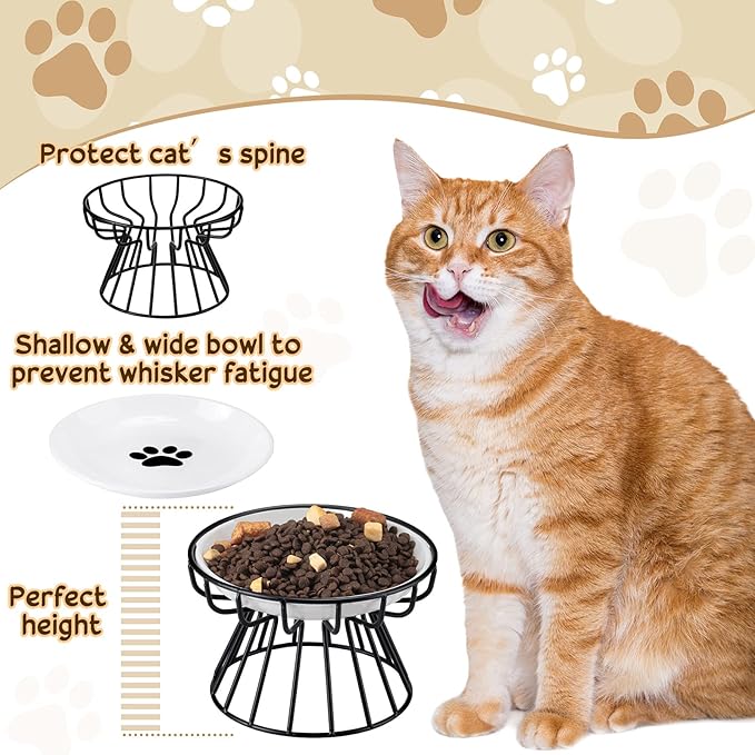 Roshtia 4 Sets Elevated Cat Bowls Ceramic Raised Cat Food Bowls with Metal Stand Dishwasher Safe Dishes Non Slip Elevated Food Plate(Black,Paw)