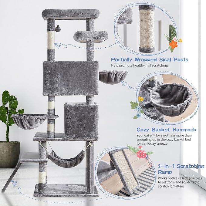 Cat Tree for Indoor Cats Large Adult, 66.9 Inches Multi-Level Tall Cat Tower with Sisal Scratching Posts, Large Plush Perches, Spacious Condos, Baskets, Hammock & Scraping Ladder (Light Gray)