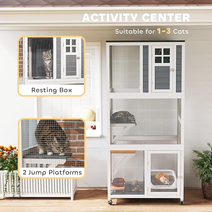 PawHut 74" Wooden Catio Outdoor Cat Enclosure Weatherproof & Wheeled, Outside Cat House with High Weight Capacity, Kitten Cage Condo, White