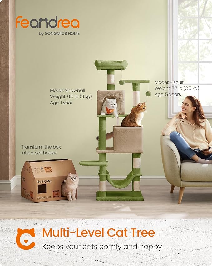 Feandrea Cat Tree, 61-Inch Cat Tower for Indoor Cats, Plush Multi-Level Cat Condo with 5 Scratching Posts, 2 Perches, 2 Caves, Hammock, 2 Pompoms, Grass Green and Camel Brown UPCT192C03