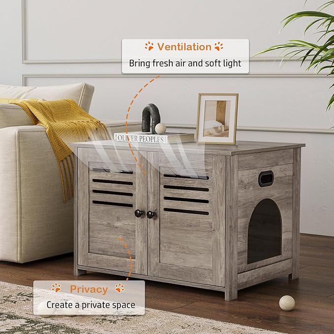 DINZI LVJ Litter Box Enclosure, Cat Litter House with Louvered Doors, Entrance Can Be on Left or Right Side, 31.5" Long Hidden Washroom for Most of Litter Box, Cat Furniture Cabinet, Greige