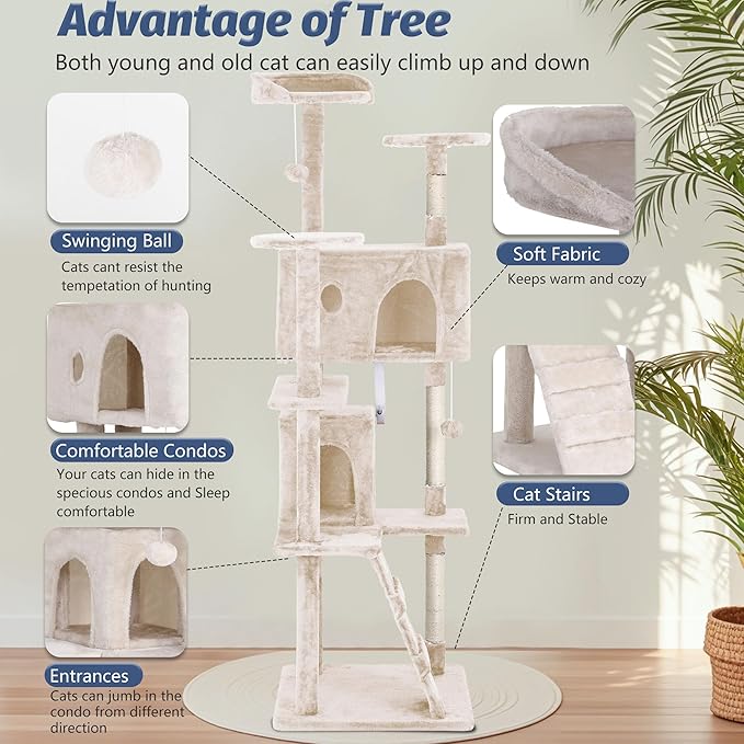 BestPet 70in Cat Tree Tower for Indoor Cats,Multi-Level Cat Furniture Activity Center with Cat Scratching Posts Stand House Cat Condo with Funny Toys for Kittens Pet Play House (Cream, 70in)