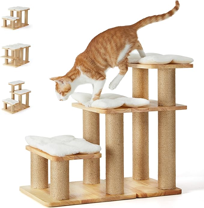 FUKUMARU Dog Stairs, Solid Wood Pet Stairs with Cat Scratching Post, Transformable Cat Ramp Can Hold Up to 200 lbs, 20 Inch Pet Steps for Dogs and Cats to Climb High Bed and Couch, Over 6 Combinations