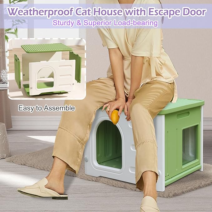 Waterproof Cat House for Outdoor Cats, Plastic Feral Cat House with Escape Door and Soft Mat, Large Indoor Cat House for Mutiple Cats - Green