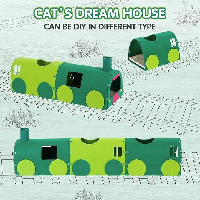 Cat Tunnel Train with Scratching Board, Cat Interactive Toys 51" Non-Foldable Rebound Felt Cute Pet Tube Round Indoor Pet Toy & Hideout for Small Medium Kitten