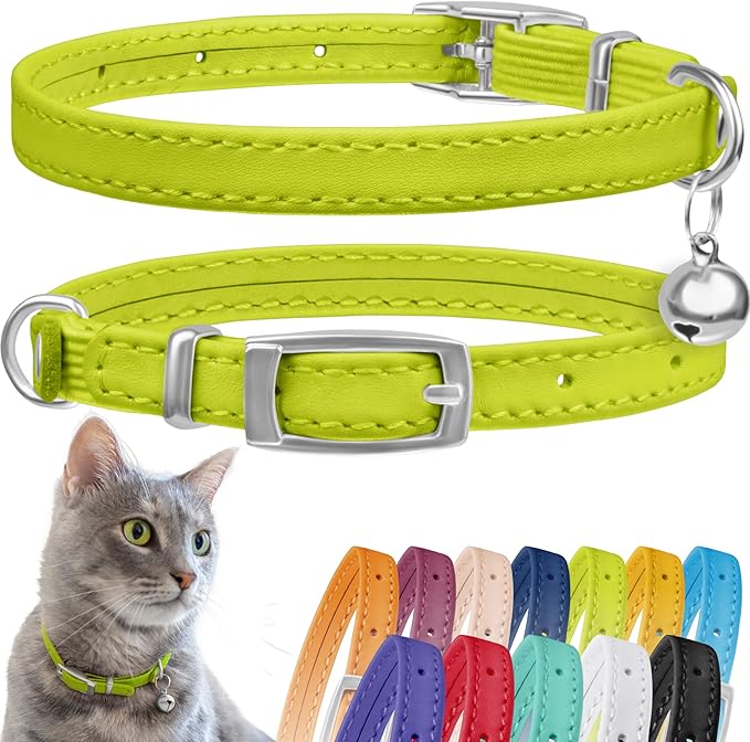 CollarDirect Leather Cat Collar, Kitten Collar with Removable Bell Black Blue Red Orange Lime Green (8-11 Inch, Lime Green)
