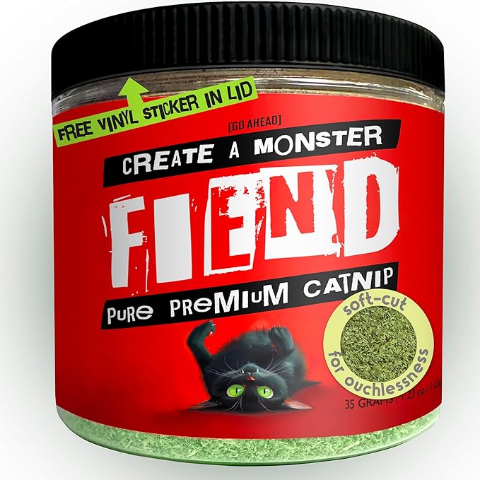Fiend Catnip Safety-Cut 100% Pure Potent Fine Cat Nip for Cats & Kittens – Ultra Potent, North American – 1 Cup (34.5g) Canister – Go Ahead, Create a Monster!