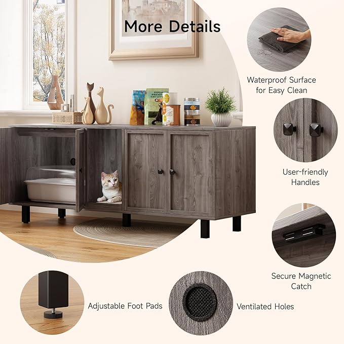 59 Inches Cat Litter Box Enclosure for 2 Cats, Hidden Litter Boxes Furniture with Cat Scratch Pad, Large Indoor Pet House with Double Room, Wooden TV Stand Side Table, Grey